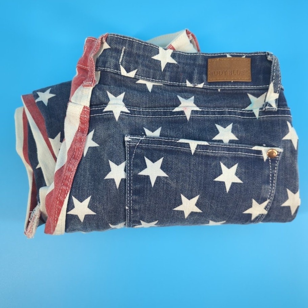Judy Blue Americana Stars Stripes Flare Jeans Patriotic Raw Hem JB88560 13/31